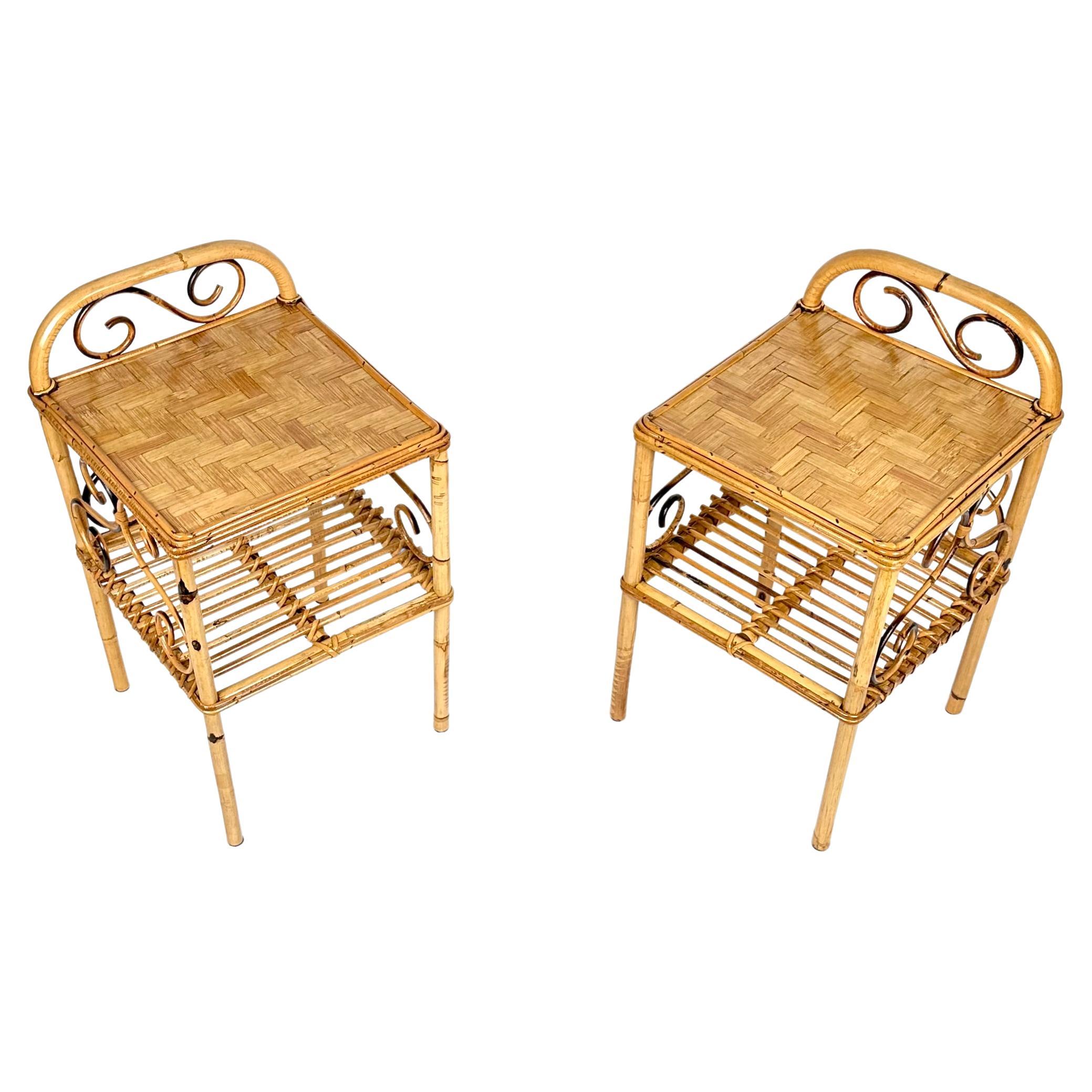 Midcentury Pair of Bedside Tables Nightstands in Bamboo and Rattan, Italy, 1960s 5