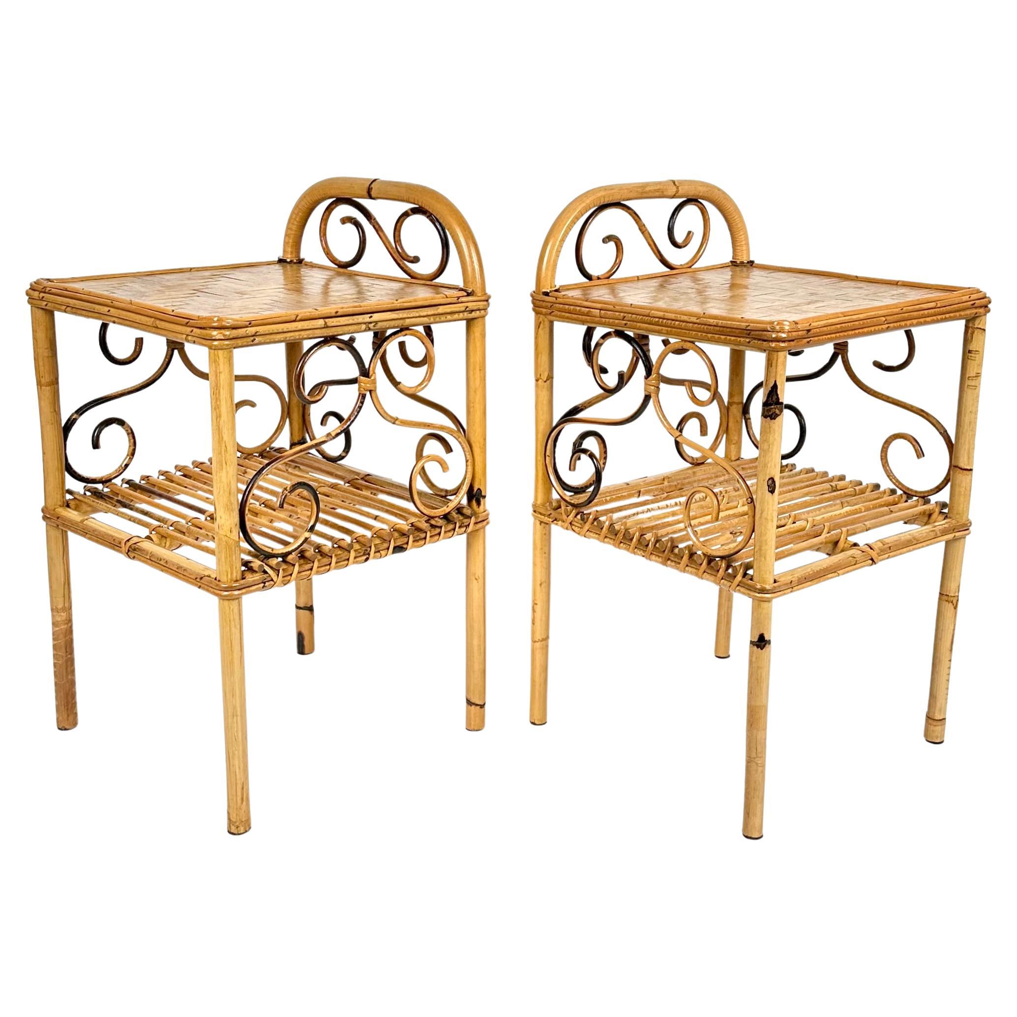 Mid-Century Modern Midcentury Pair of Bedside Tables Nightstands in Bamboo and Rattan, Italy, 1960s