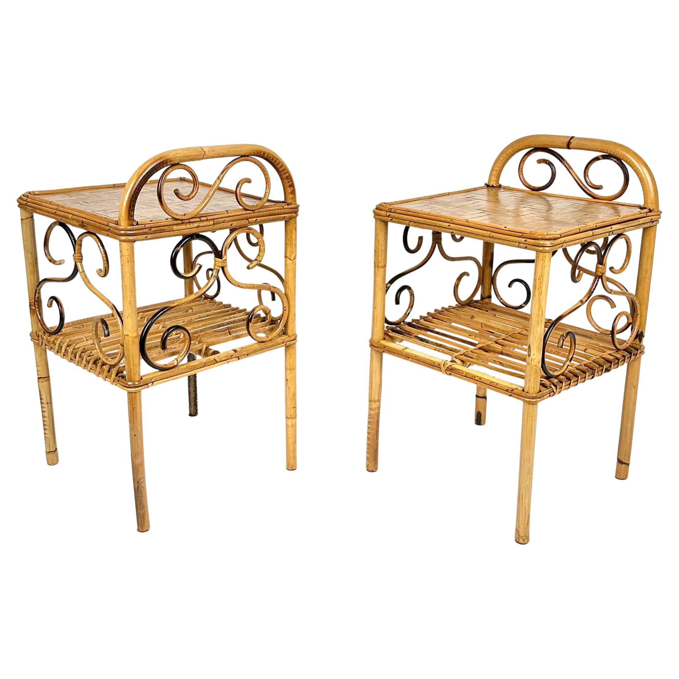 Italian Midcentury Pair of Bedside Tables Nightstands in Bamboo and Rattan, Italy, 1960s