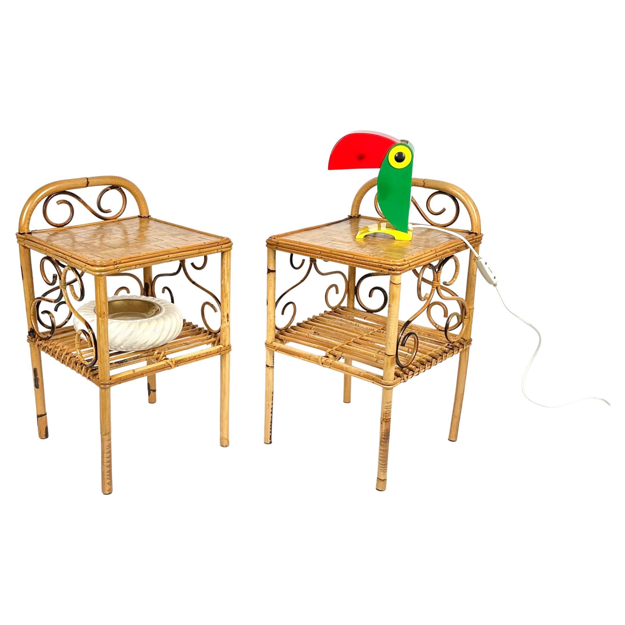 Midcentury Pair of Bedside Tables Nightstands in Bamboo and Rattan, Italy, 1960s In Good Condition In Rome, IT