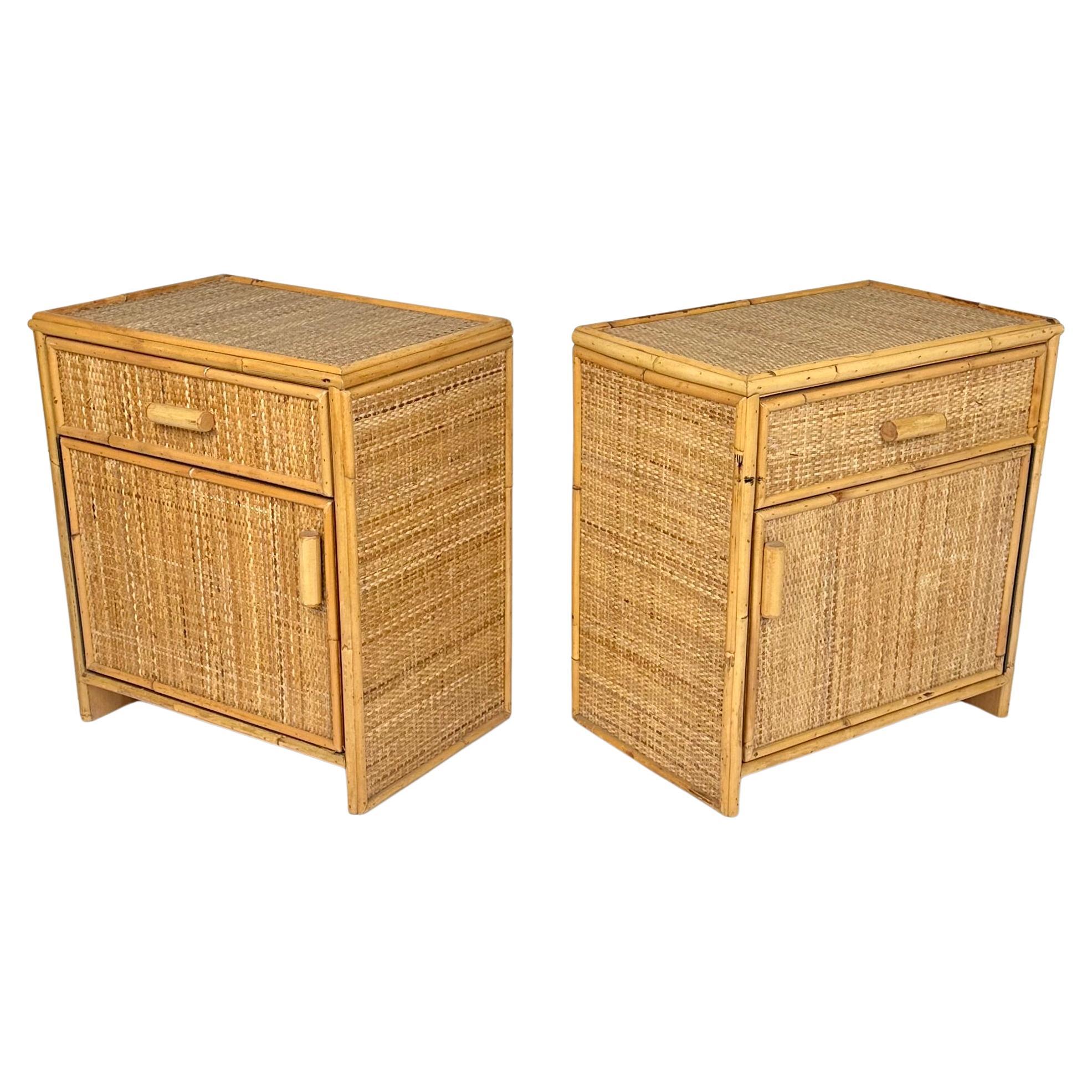 Mid-Century Modern Midcentury Pair of Bedside Tables Nightstands in Bamboo & Rattan, Italy 1970s For Sale