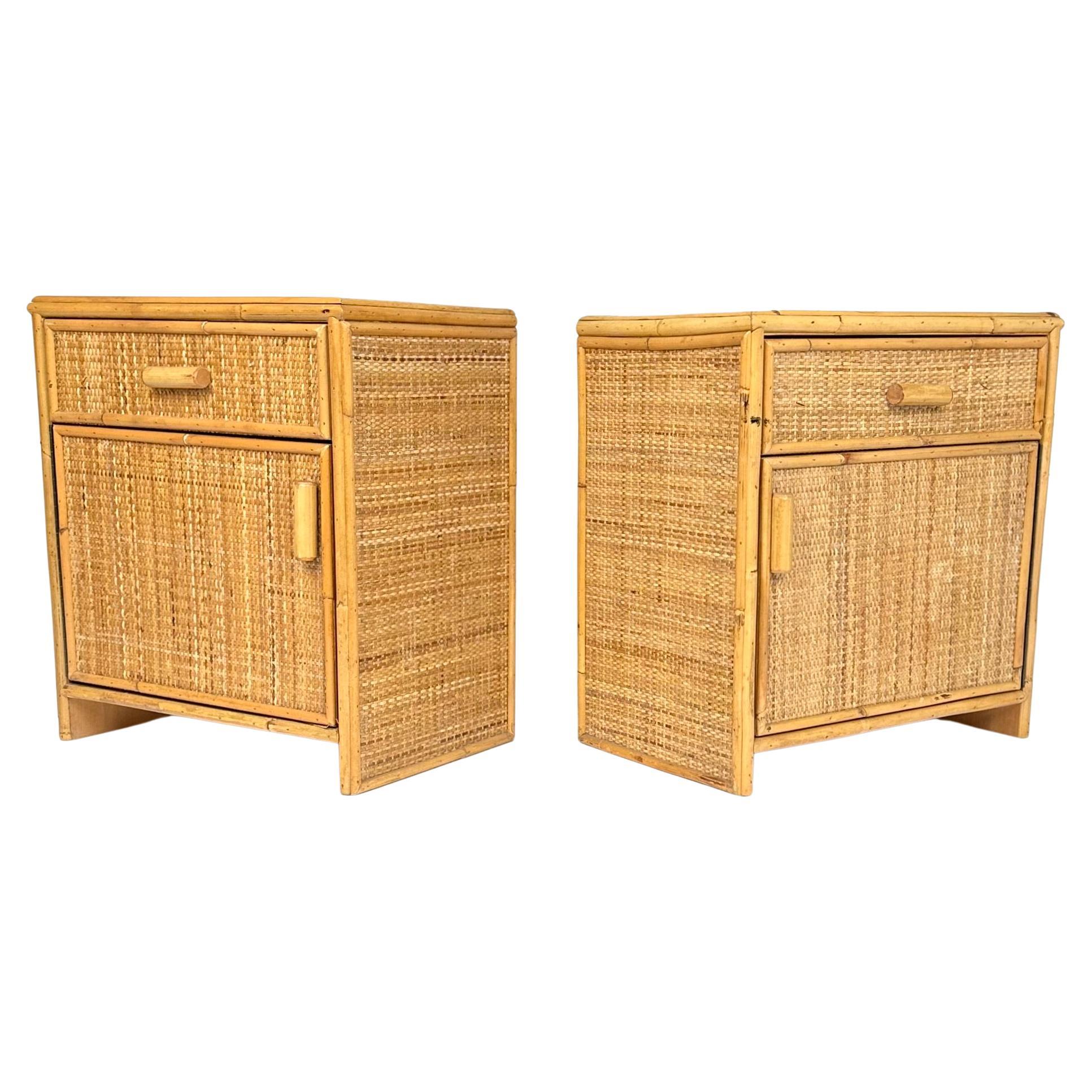 Italian Midcentury Pair of Bedside Tables Nightstands in Bamboo & Rattan, Italy 1970s For Sale
