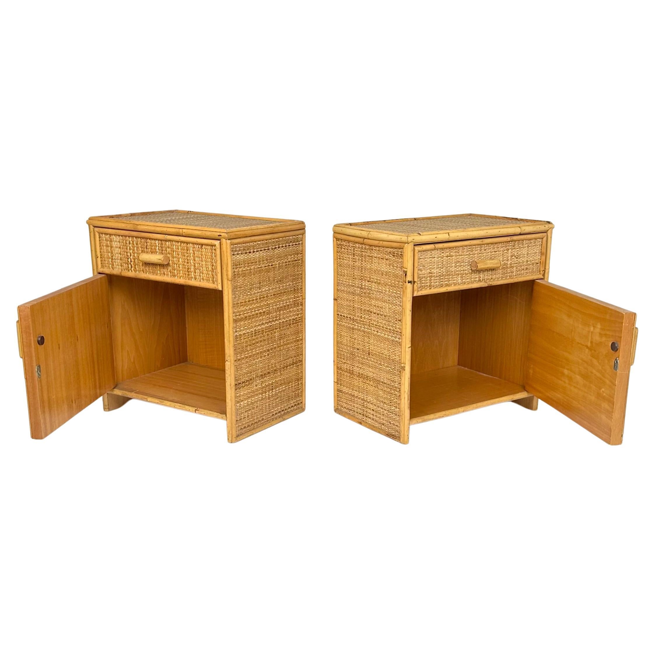 Late 20th Century Midcentury Pair of Bedside Tables Nightstands in Bamboo & Rattan, Italy 1970s For Sale