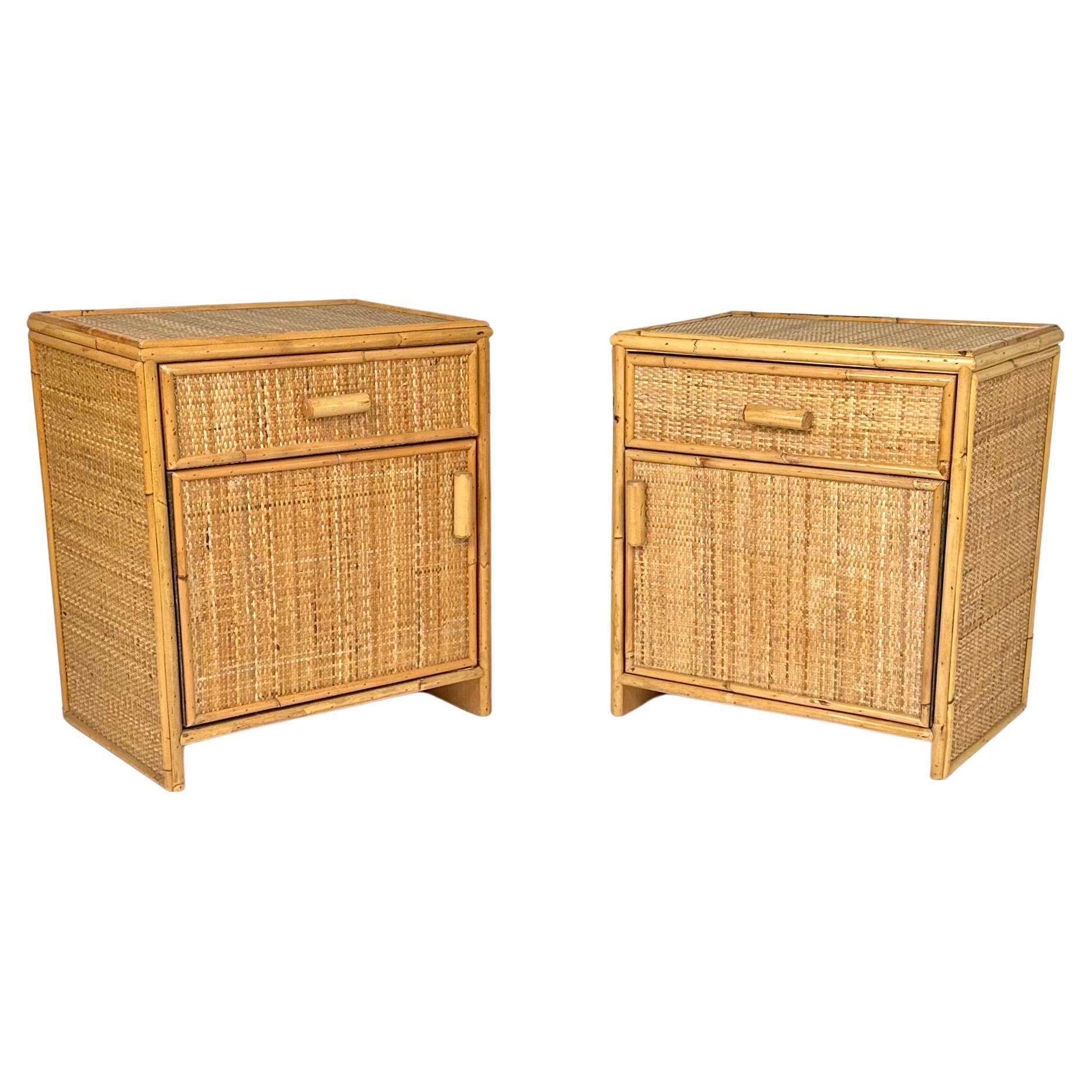 Midcentury Pair of Bedside Tables Nightstands in Bamboo & Rattan, Italy 1970s For Sale