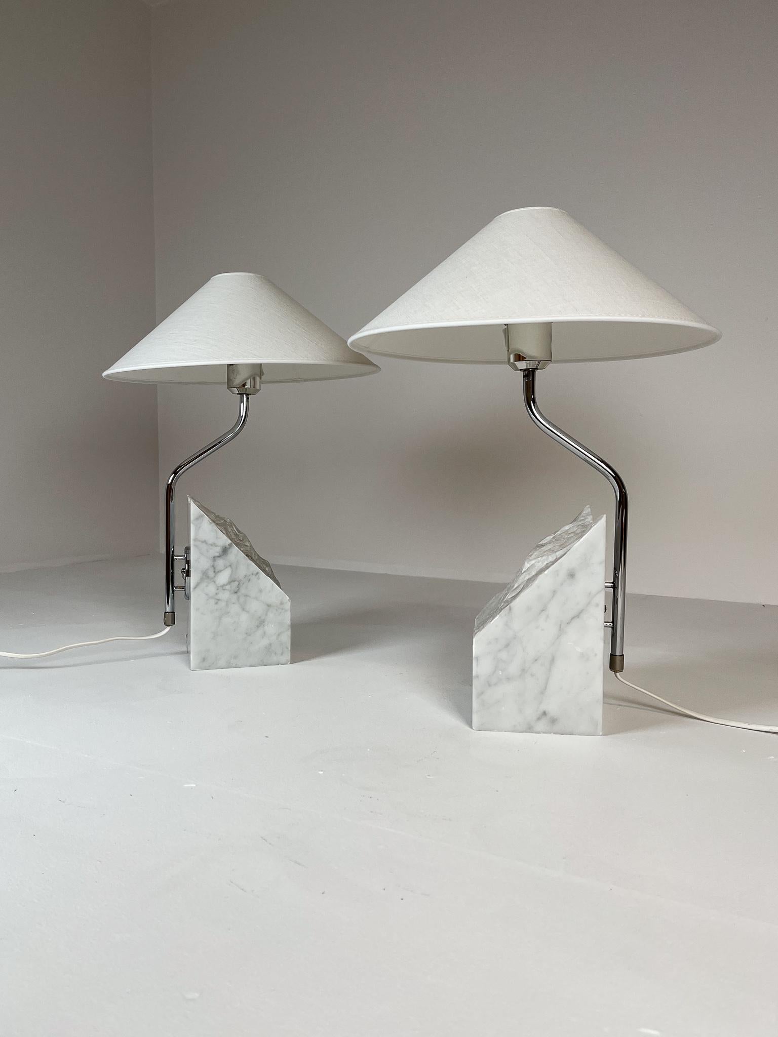 Swedish Mid-Century Pair of Bergboms Marble and Steel Table Lamps, 1970s, Sweden For Sale