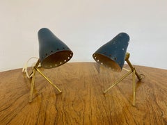 Paire de lampes en laiton et métal bleu de Boris Jean Lacroix, milieu du siècle dernier