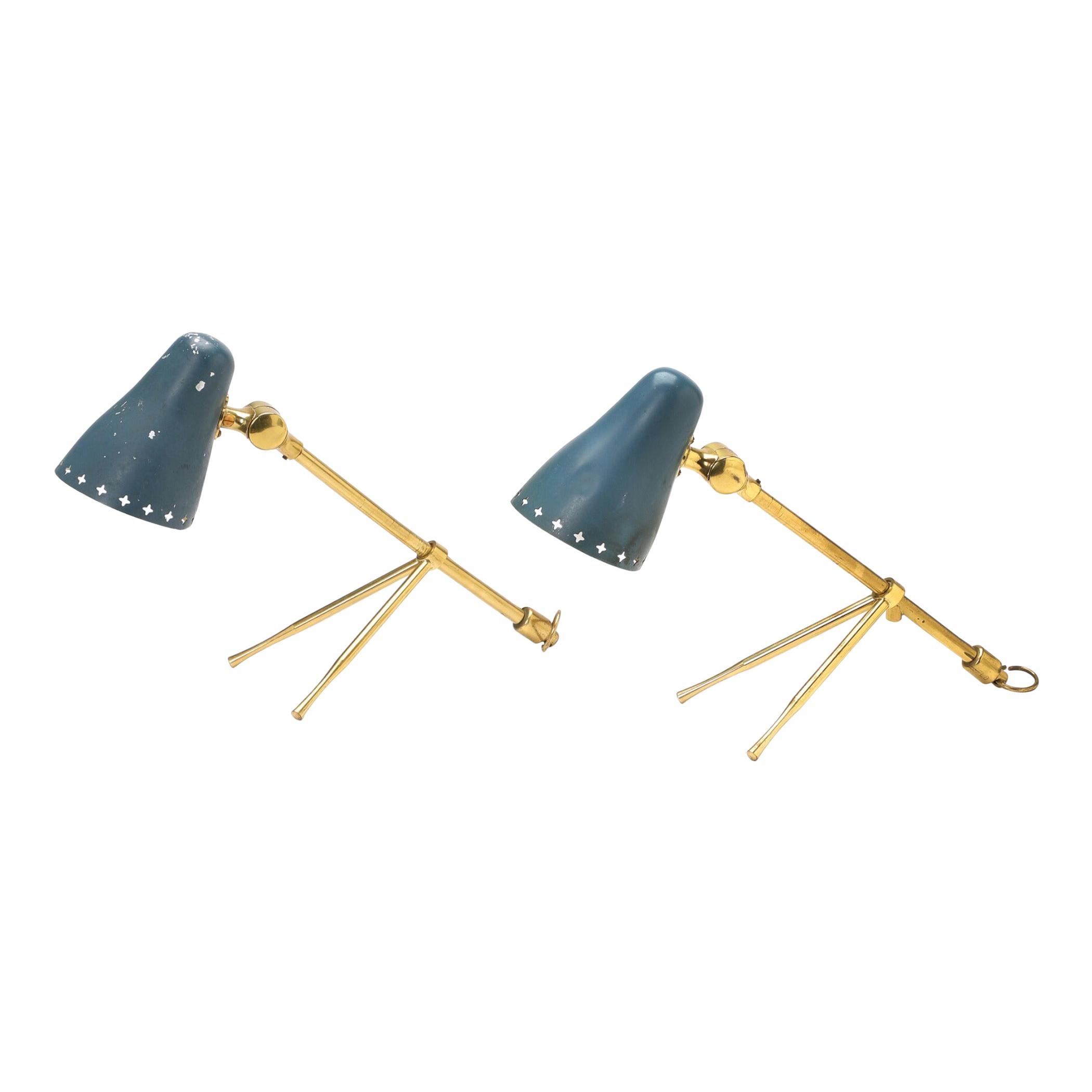 Midcentury Pair of Brass and Blue Metal Lamps by Boris Jean Lacroix For Sale
