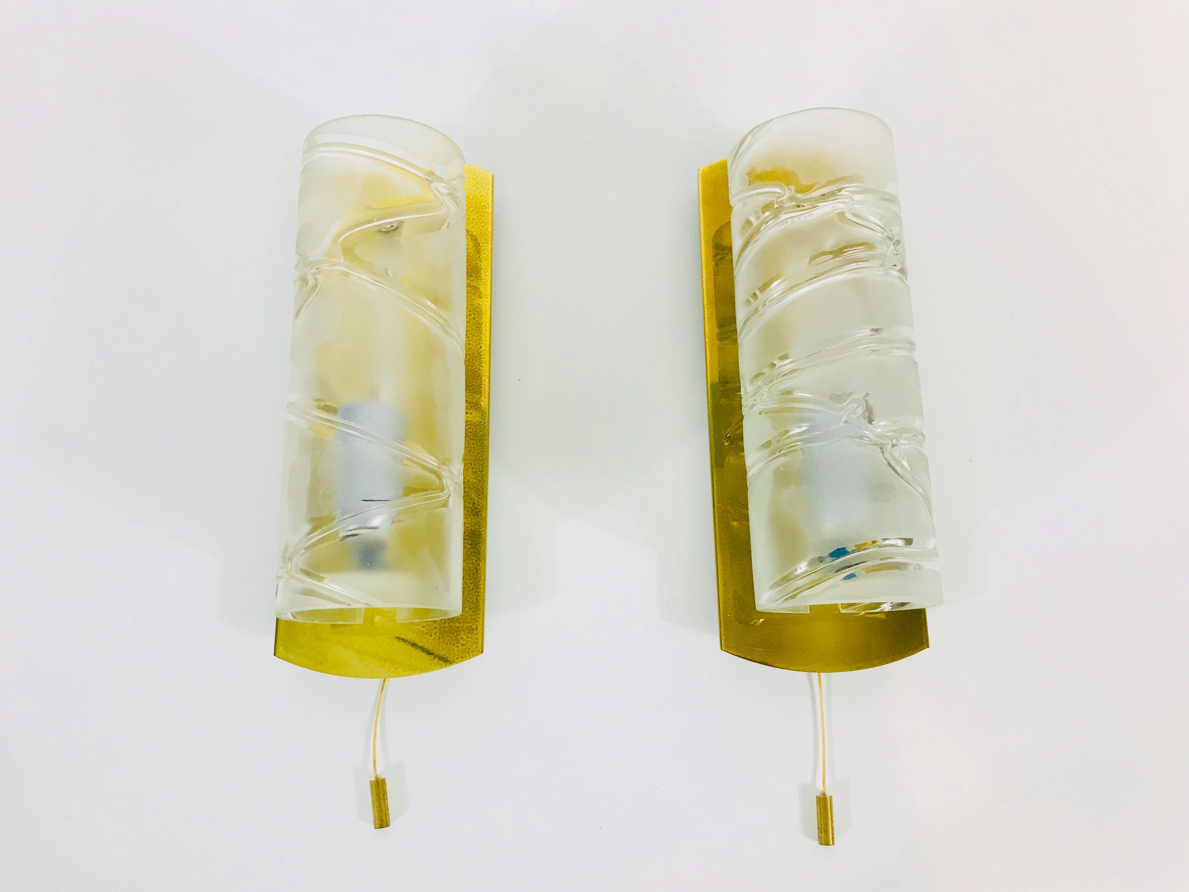 Mid-20th Century Midcentury Pair of Brass and Glass Wall Lamps by Doria, 1960s For Sale