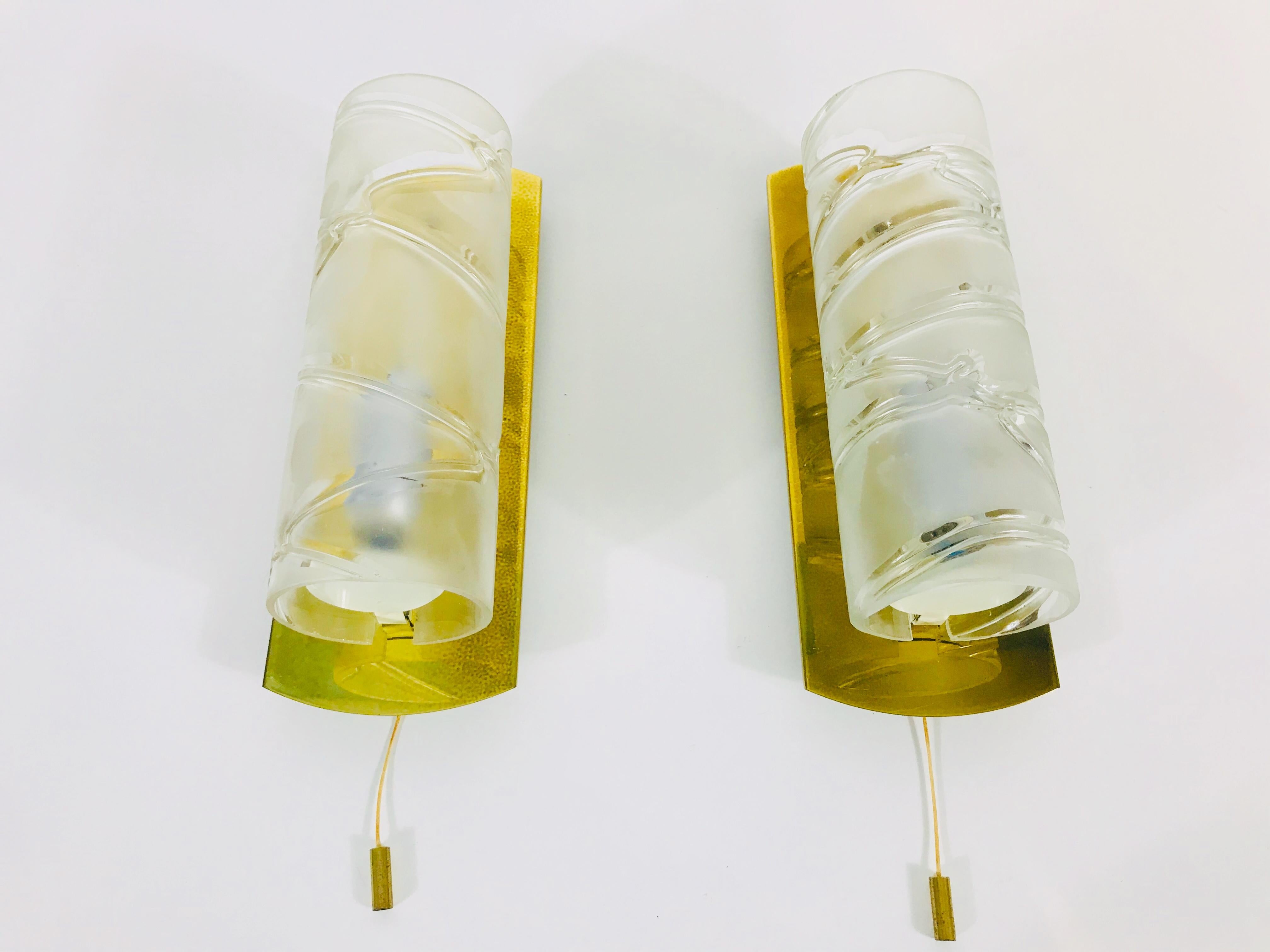 Midcentury Pair of Brass and Glass Wall Lamps by Doria, 1960s For Sale 1