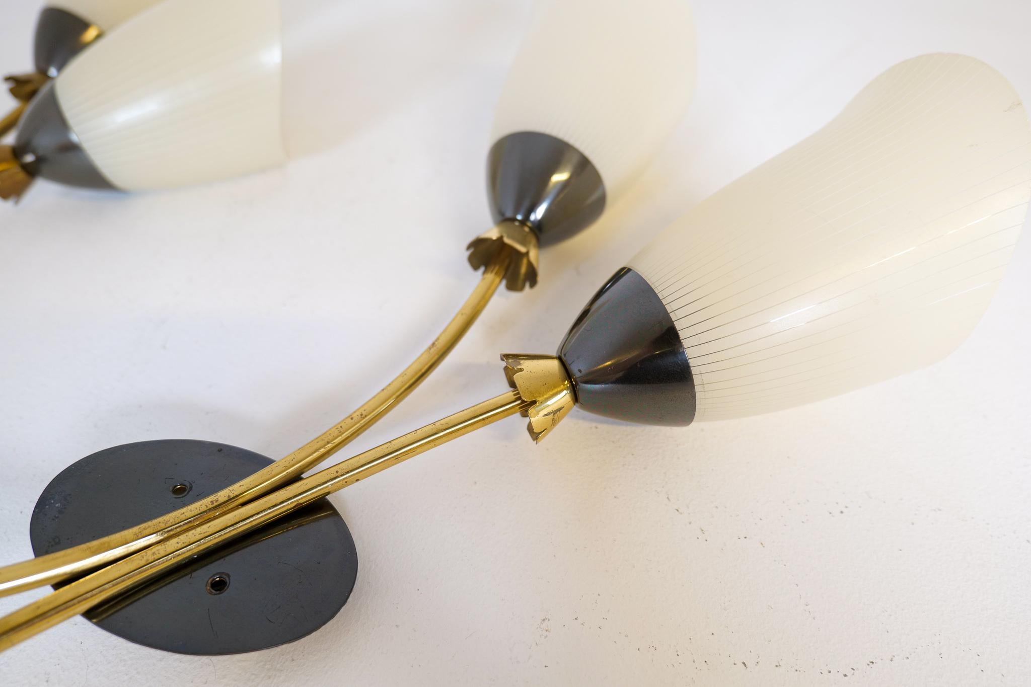 Midcentury Pair of Brass and Opaline Wall Lamps Attributed to Asea Sweden, 1950s For Sale 3
