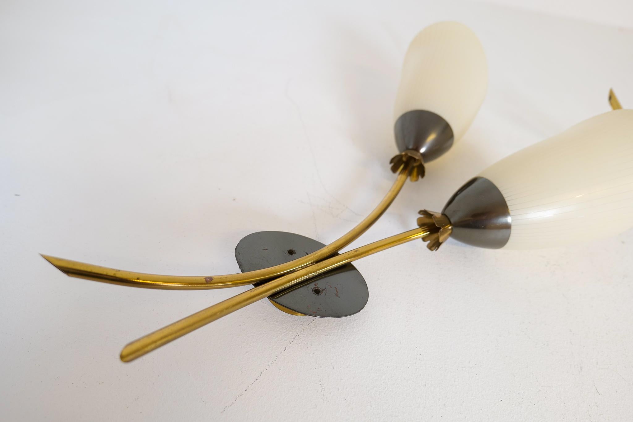 Midcentury Pair of Brass and Opaline Wall Lamps Attributed to Asea Sweden, 1950s For Sale 5