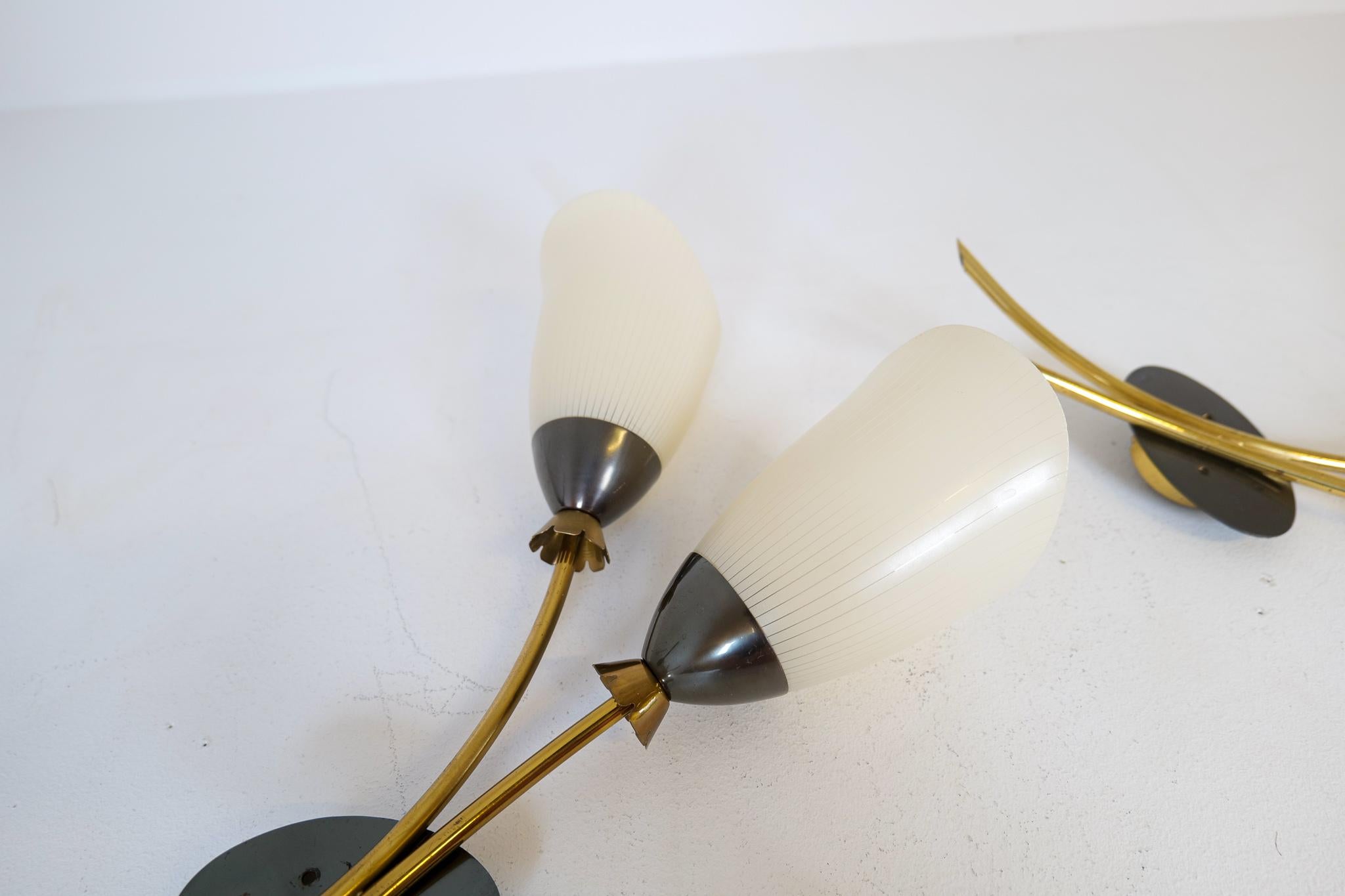 Midcentury Pair of Brass and Opaline Wall Lamps Attributed to Asea Sweden, 1950s For Sale 7