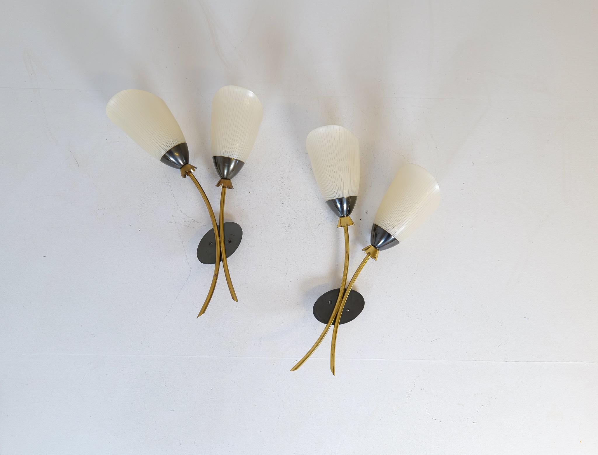Ces appliques ont été créées en Suède dans les années 1950 et attribuées à ASEA Belysning, 

Merveilleusement sculptée avec du laiton et du verre opalin mat. Le verre mat rend la lumière douce et confortable. L'association du métal doré et du