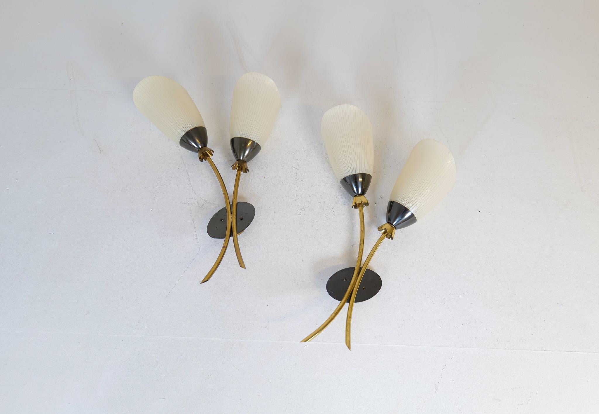Mid-Century Modern Midcentury Pair of Brass and Opaline Wall Lamps Attributed to Asea Sweden, 1950s For Sale