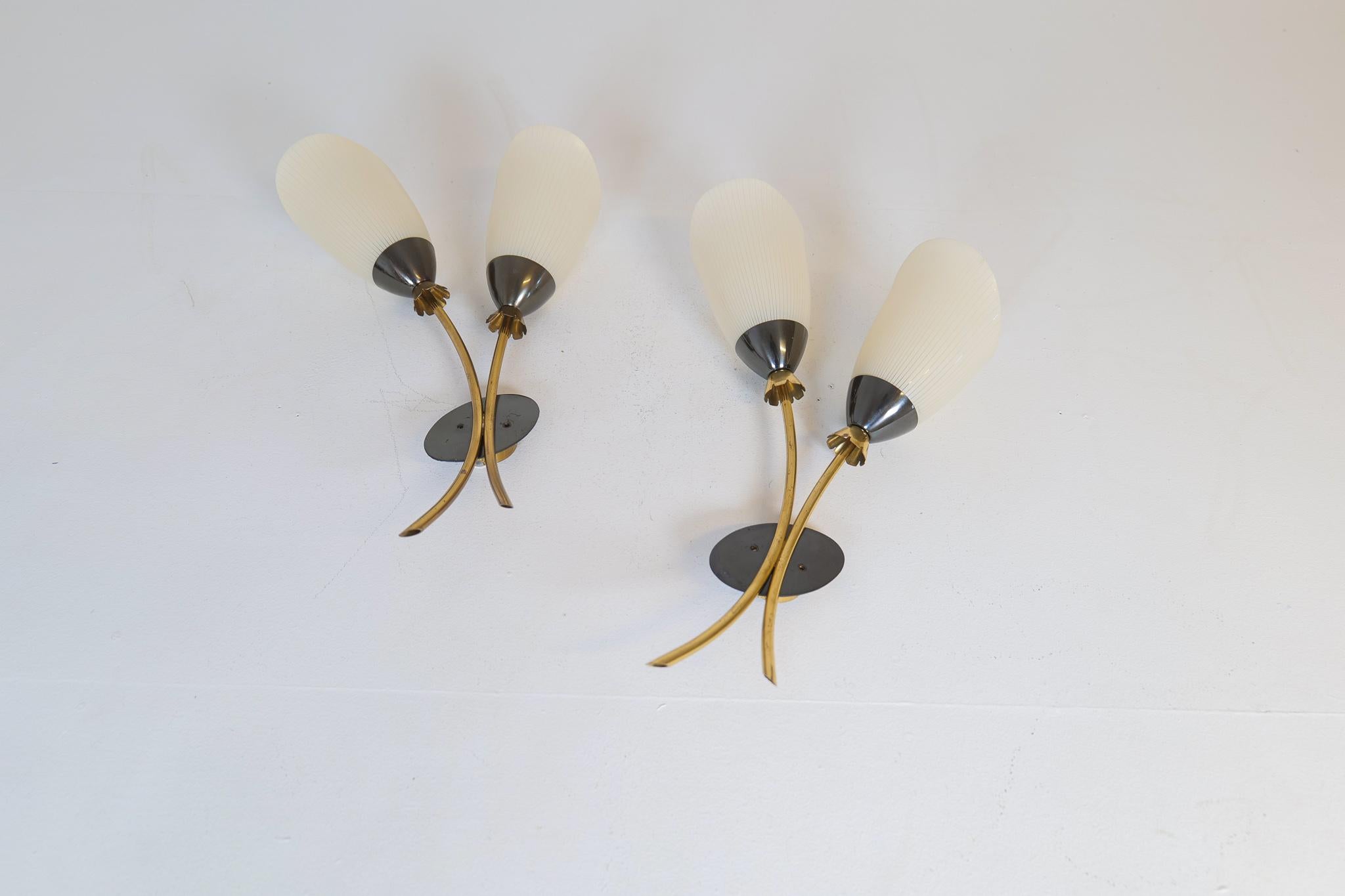 Swedish Midcentury Pair of Brass and Opaline Wall Lamps Attributed to Asea Sweden, 1950s For Sale