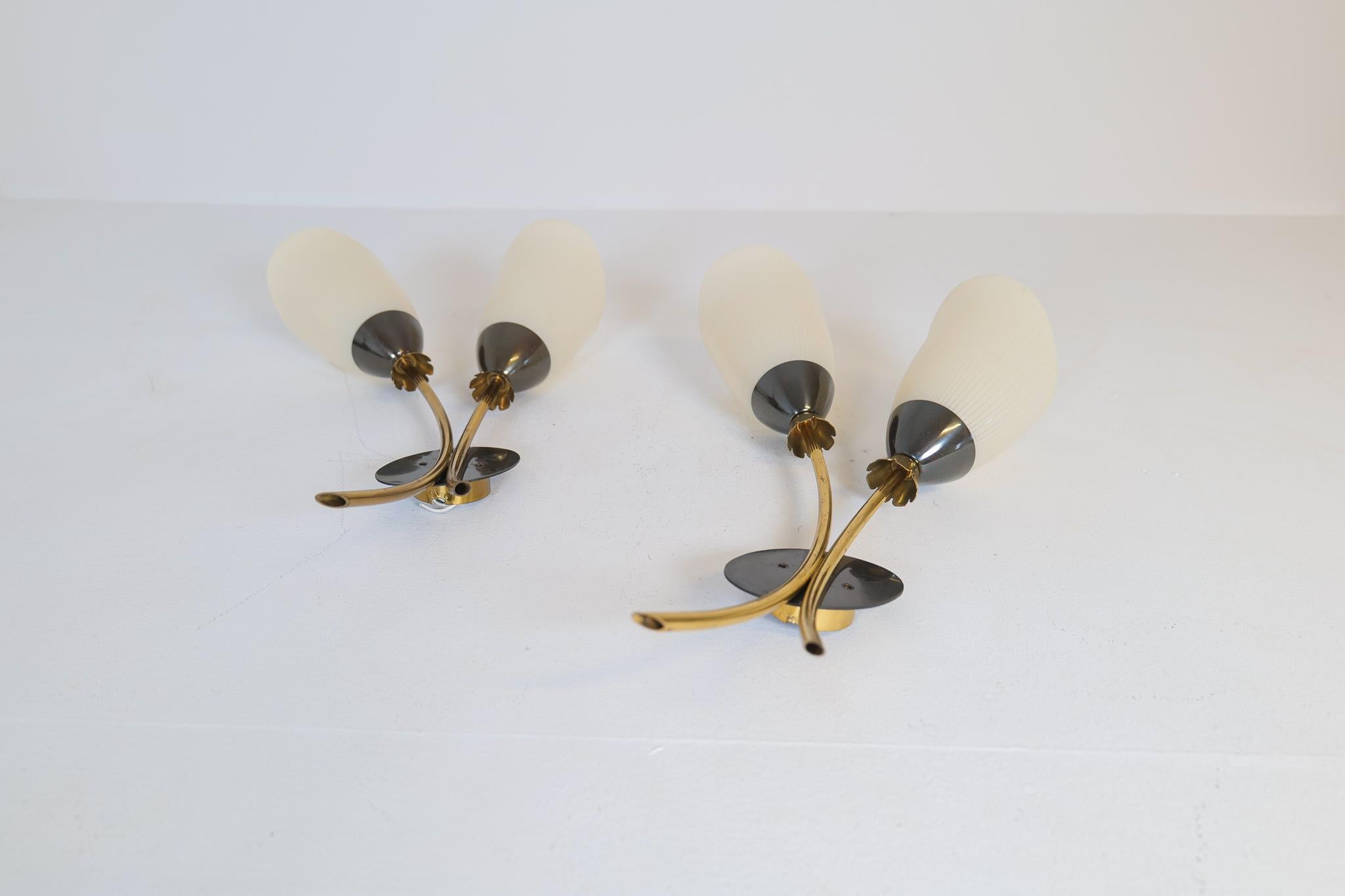 Midcentury Pair of Brass and Opaline Wall Lamps Attributed to Asea Sweden, 1950s In Good Condition For Sale In Hillringsberg, SE