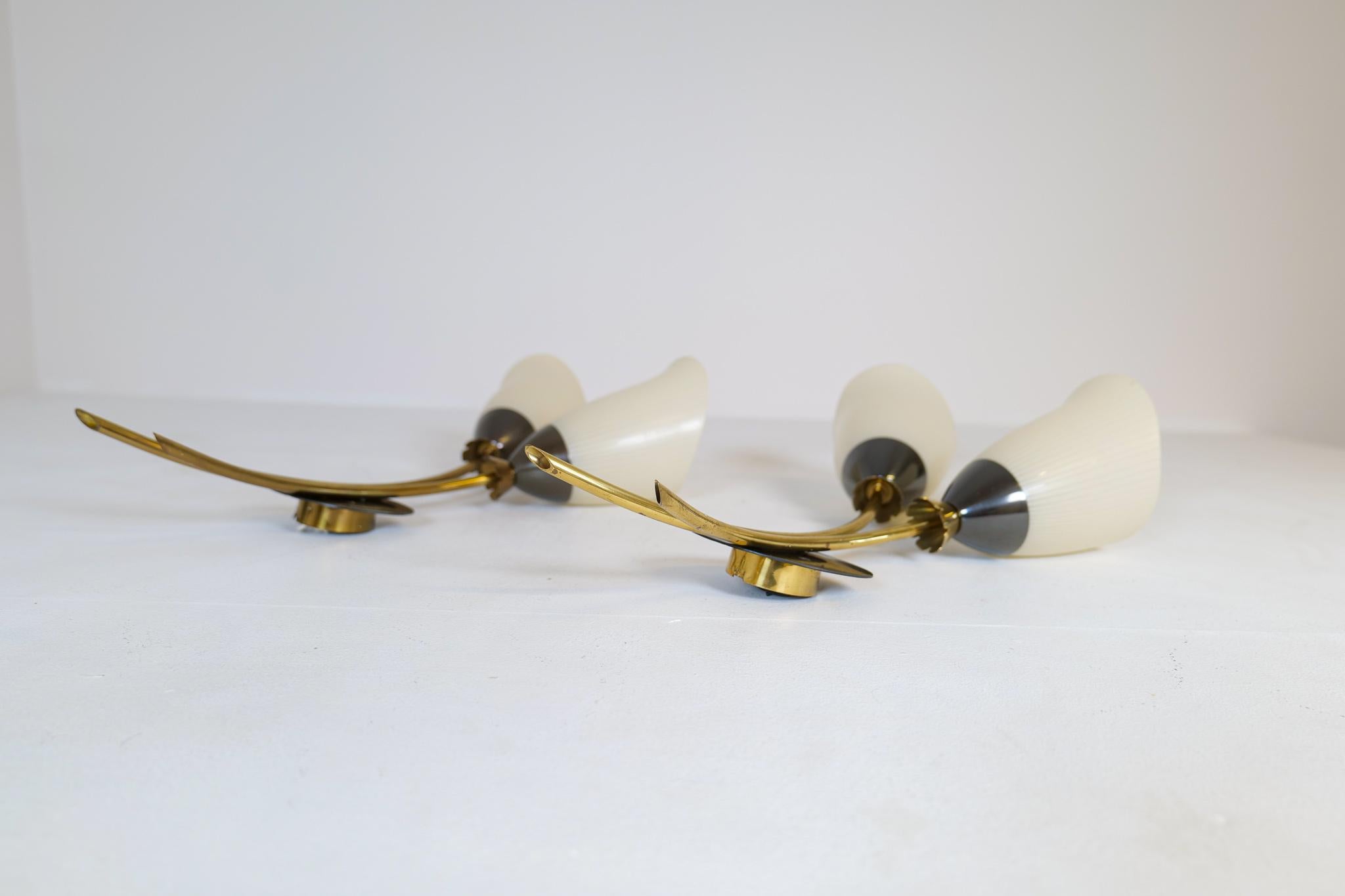 Mid-20th Century Midcentury Pair of Brass and Opaline Wall Lamps Attributed to Asea Sweden, 1950s For Sale