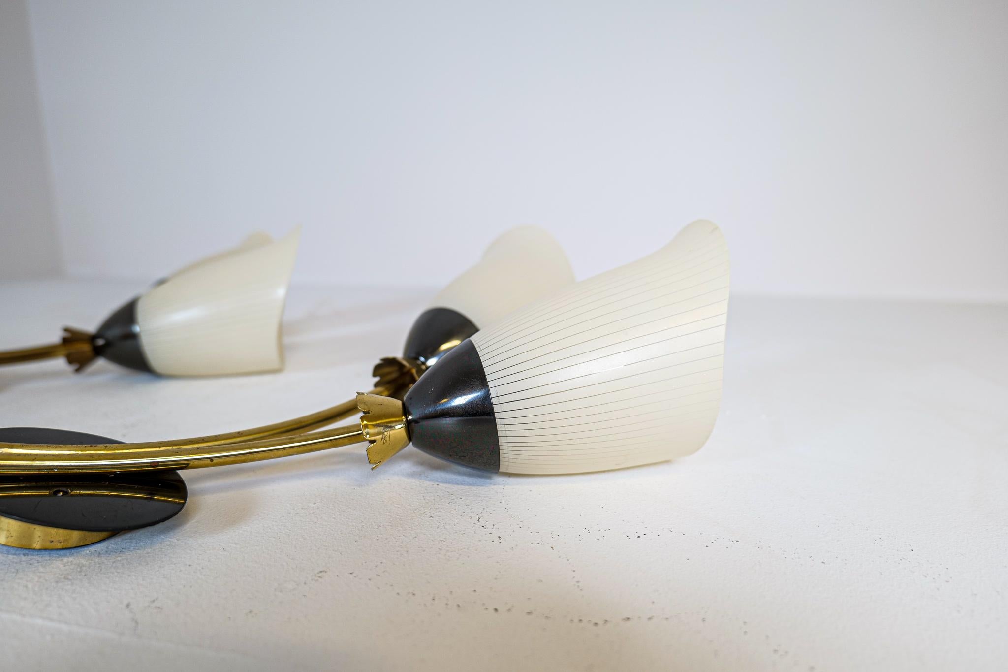 Midcentury Pair of Brass and Opaline Wall Lamps Attributed to Asea Sweden, 1950s For Sale 2