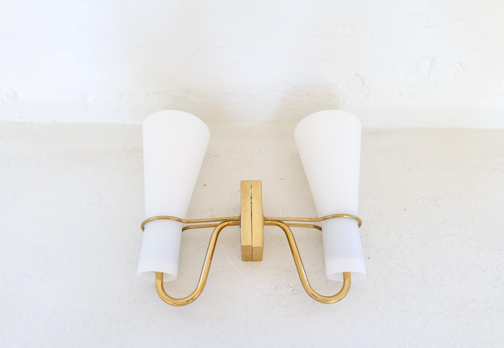 Midcentury Pair of Brass and Opaline Wall Lamps Hans Bergström Asea Sweden 1950s 6