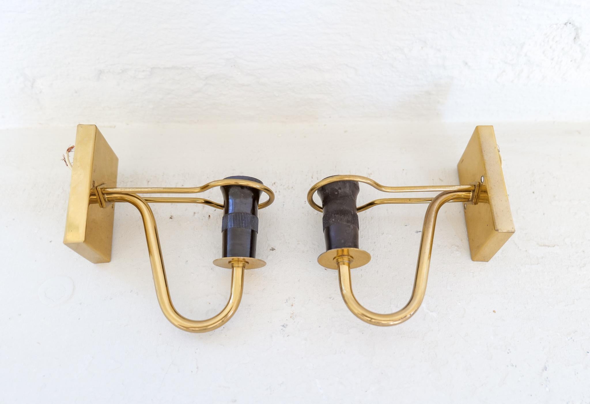 Midcentury Pair of Brass and Opaline Wall Lamps Hans Bergström Asea Sweden 1950s 9