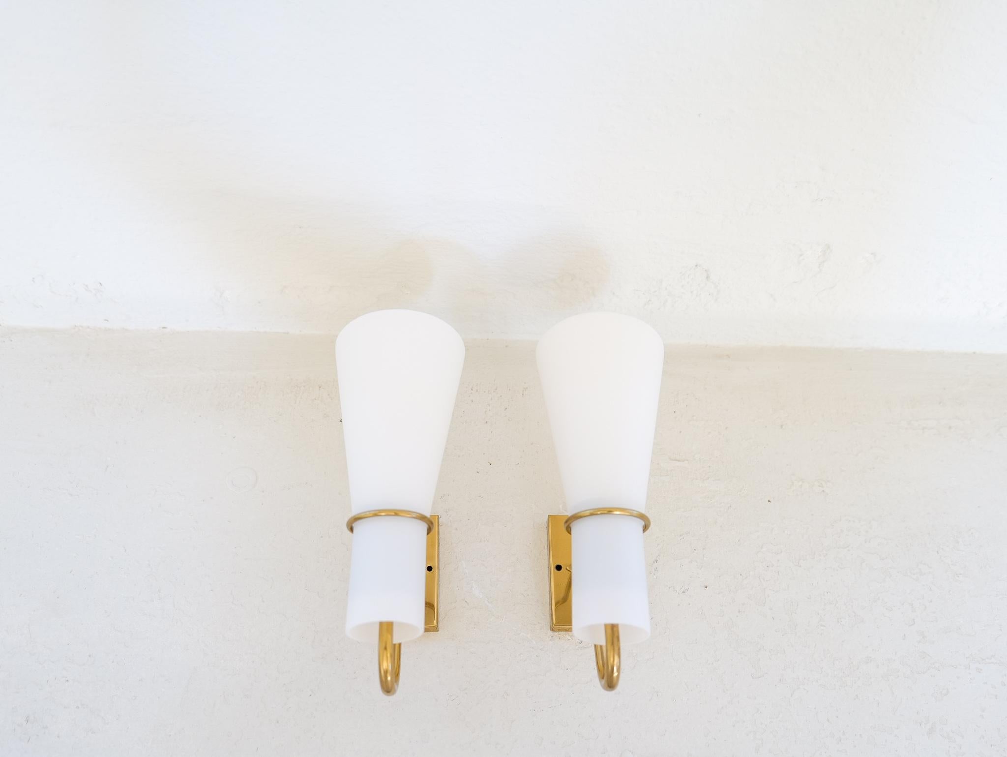 Mid-Century Modern Midcentury Pair of Brass and Opaline Wall Lamps Hans Bergström Asea Sweden 1950s