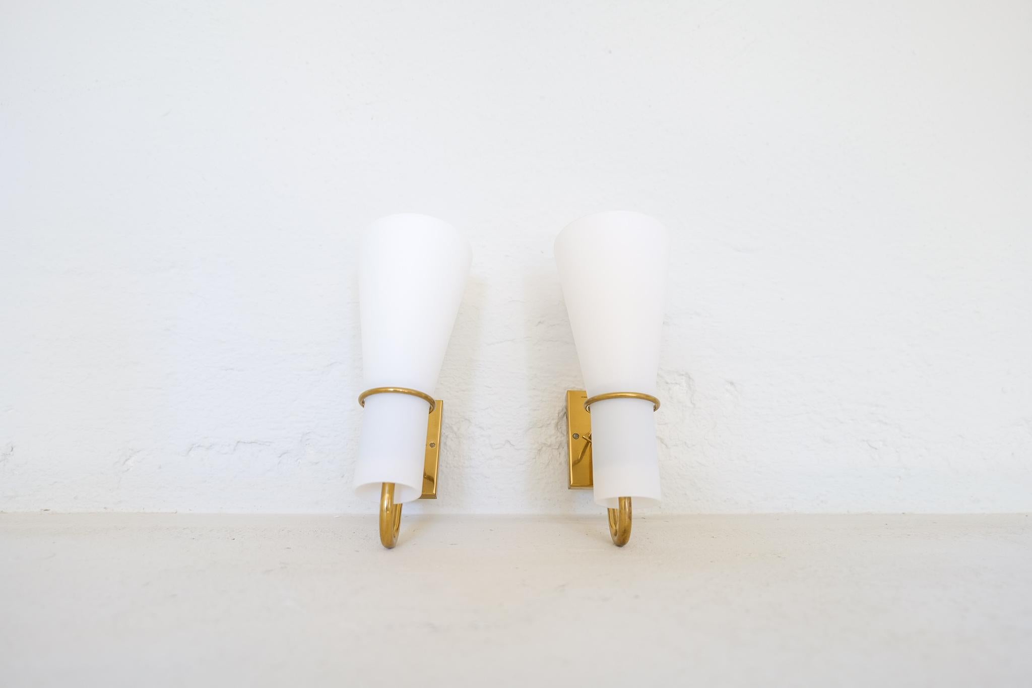 Midcentury Pair of Brass and Opaline Wall Lamps Hans Bergström Asea Sweden 1950s 1