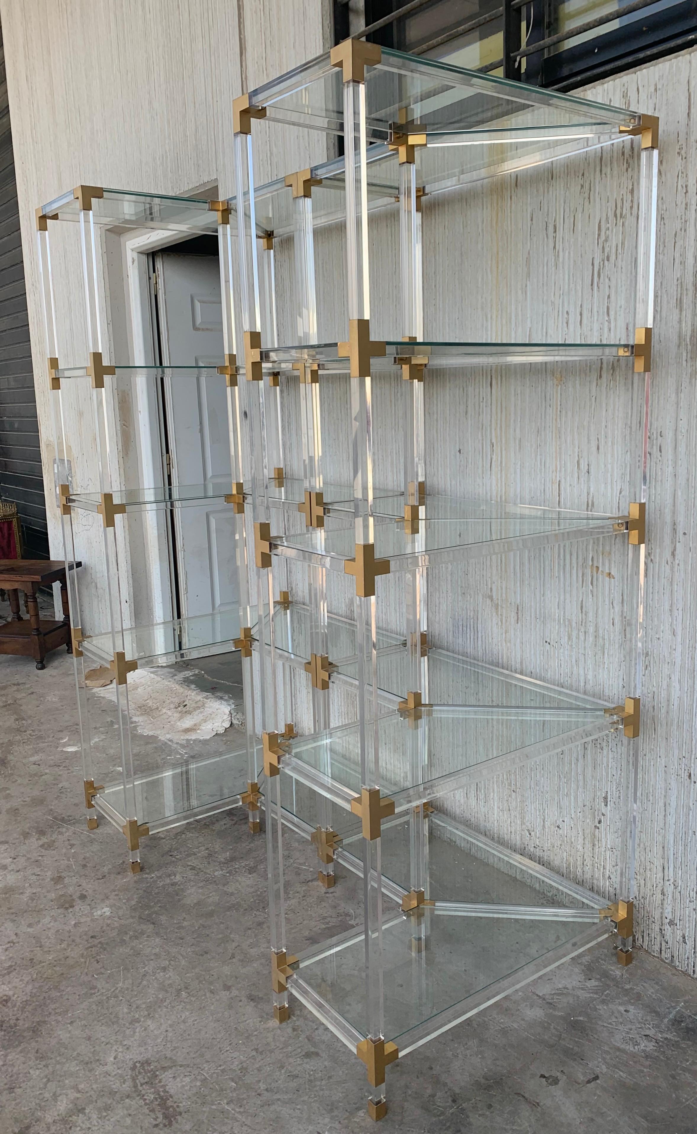 20th Century Midcentury Pair of Brass Lucite and Glass Étagère, Pair of Five Shelves Étagère