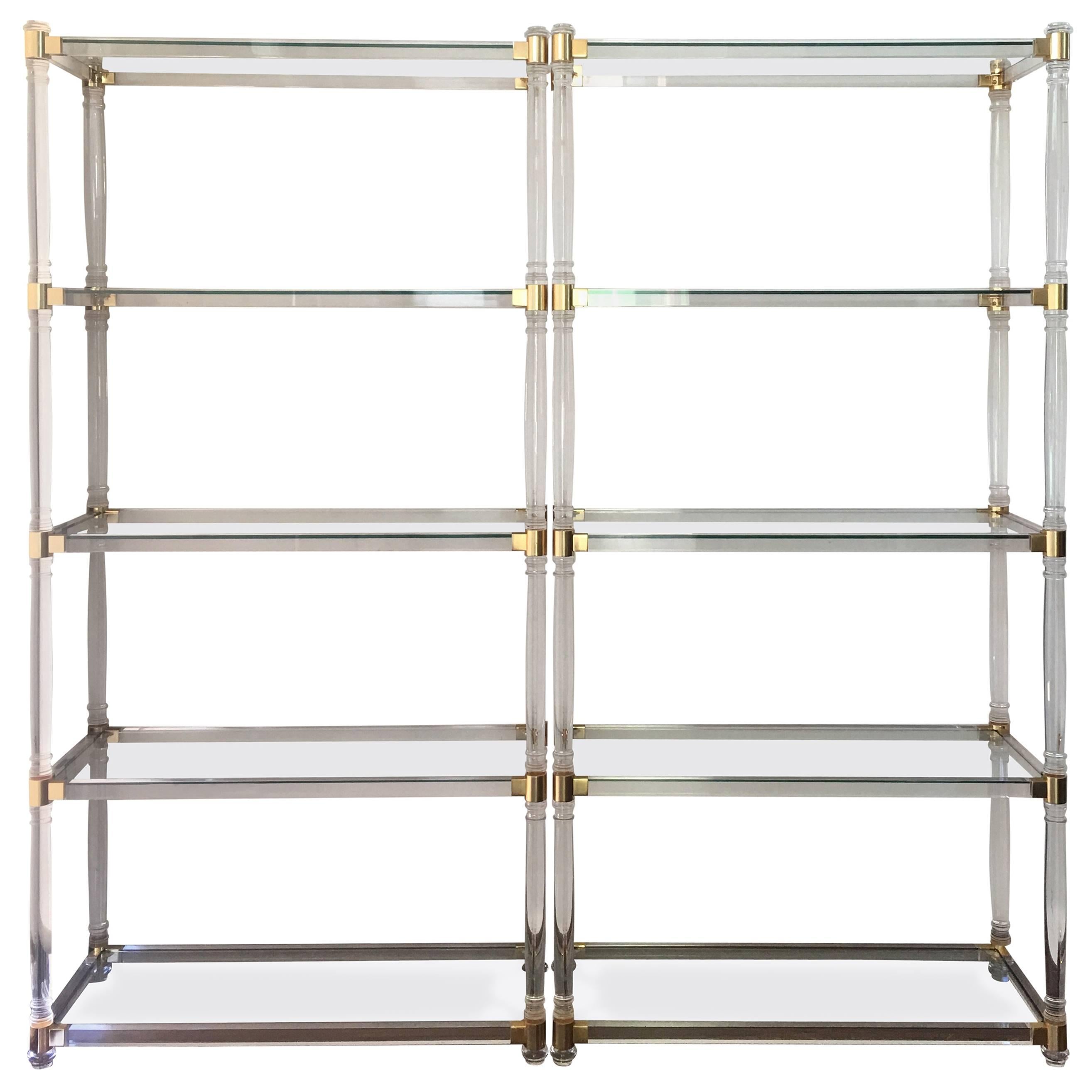 Midcentury Pair of Brass Lucite and Glass Étagère, Pair of Five Shelves Étagère