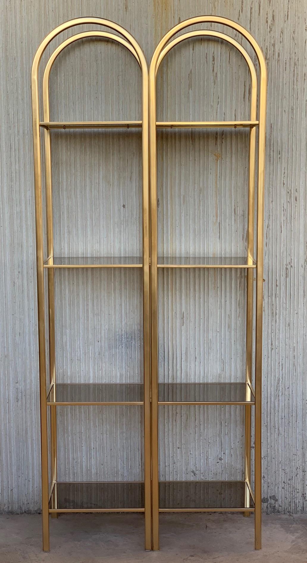 Mid-Century Modern Midcentury Pair of Brass Shelves O Étagères with Smoked Glass