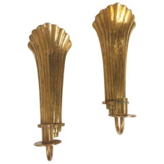 Midcentury Pair of Brass Wall Candlesticks Holmström, Arvika, Sweden, 1950s