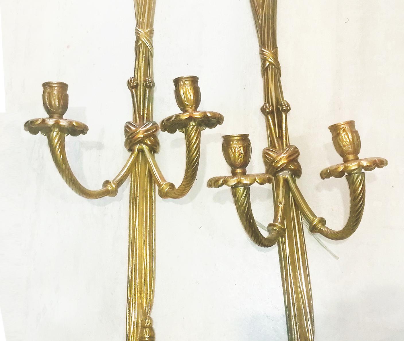 Midcentury Pair of Bronze Doré Wall Sconces French Louis XVI Style In Excellent Condition In Mombuey, Zamora