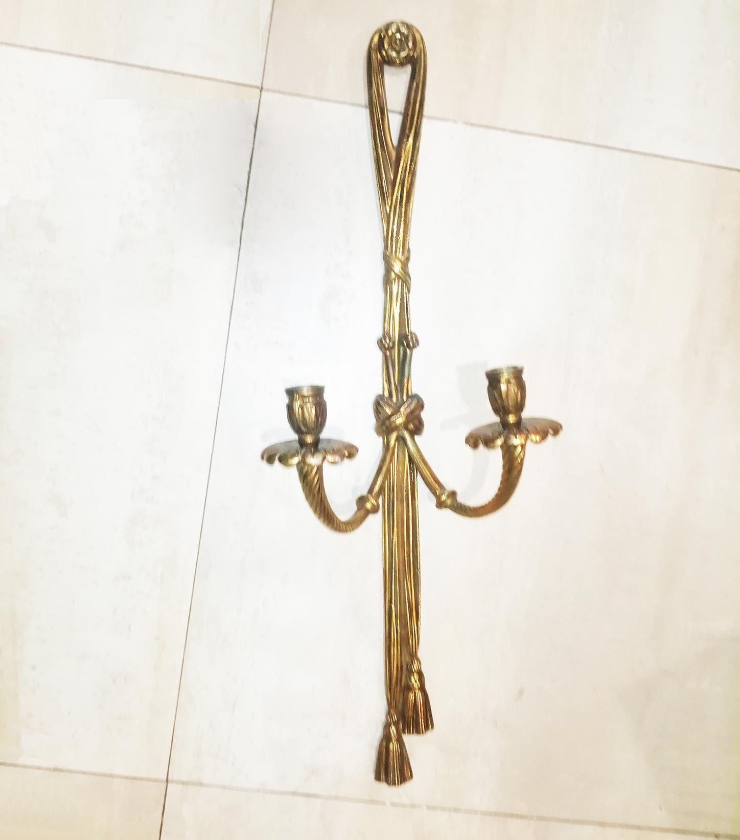 Midcentury Pair of Bronze Doré Wall Sconces French Louis XVI Style 2