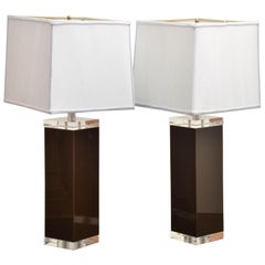 Midcentury Pair of Brown Lucite Square Column Table Lamps