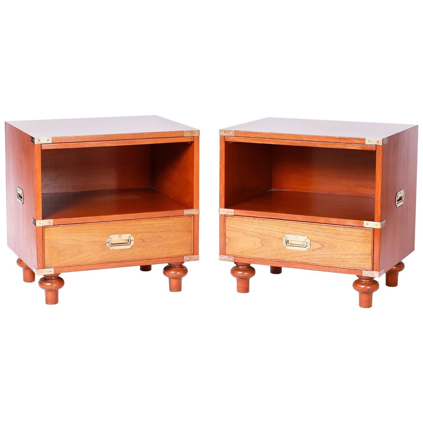 Midcentury Pair of Campaign Style Nightstands by Beacon Hill