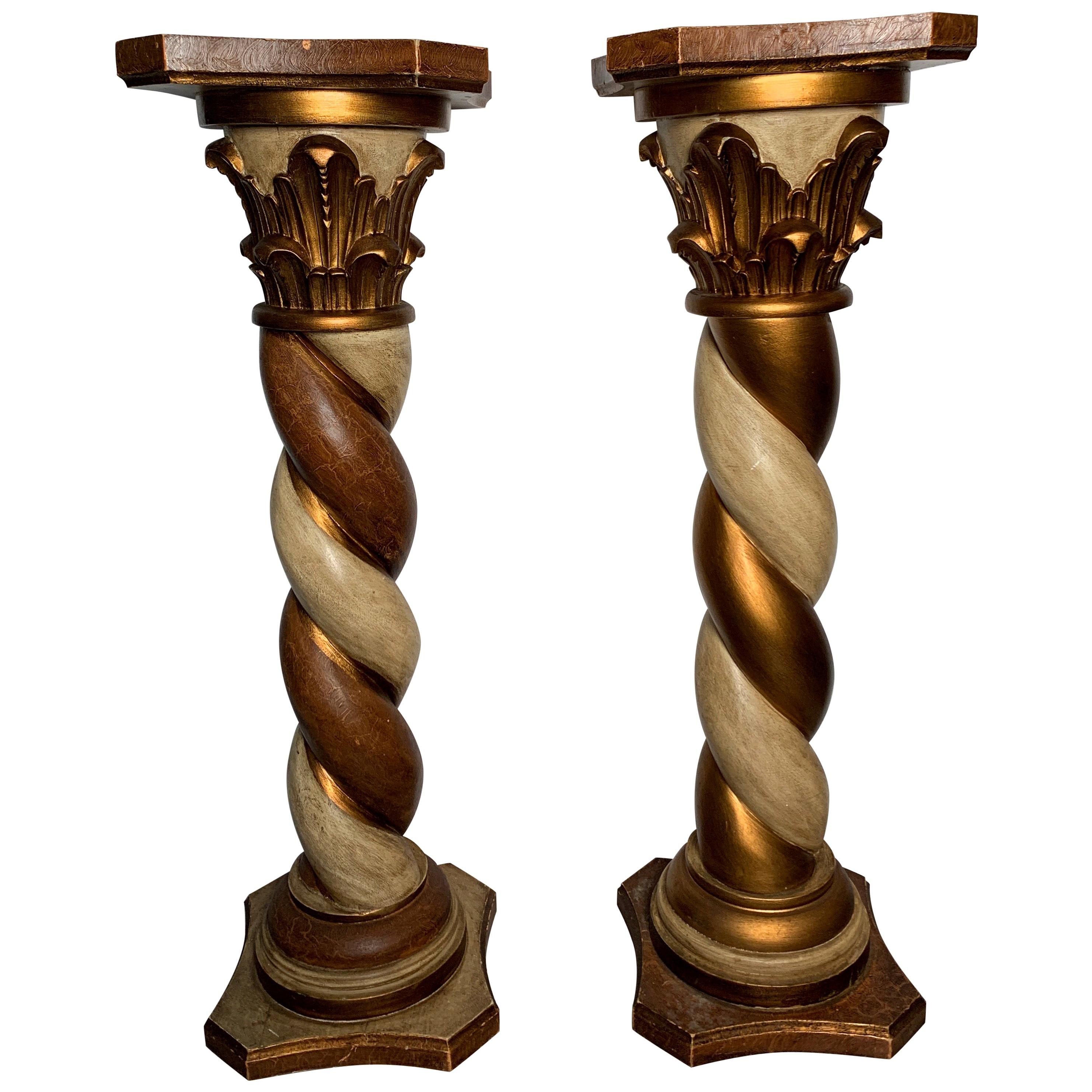 Midcentury Pair of Carved Wood Pedestals with Decorative Faux Painting