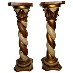 Midcentury Pair of Carved Wood Pedestals with Decorative Faux Painting