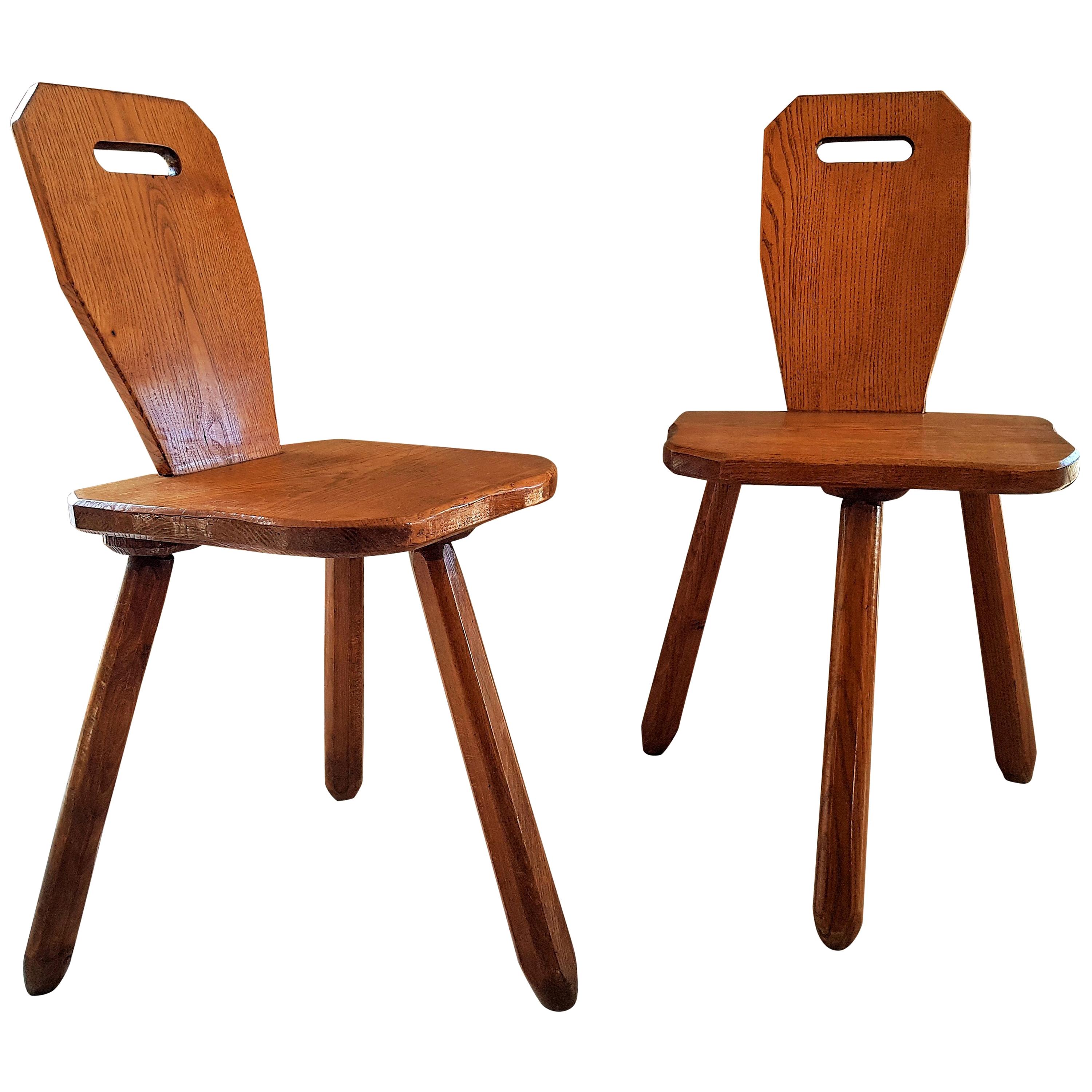Midcentury primitive rustic Pair of Chairs Stools Style Perriand Les Arcs, 1950s