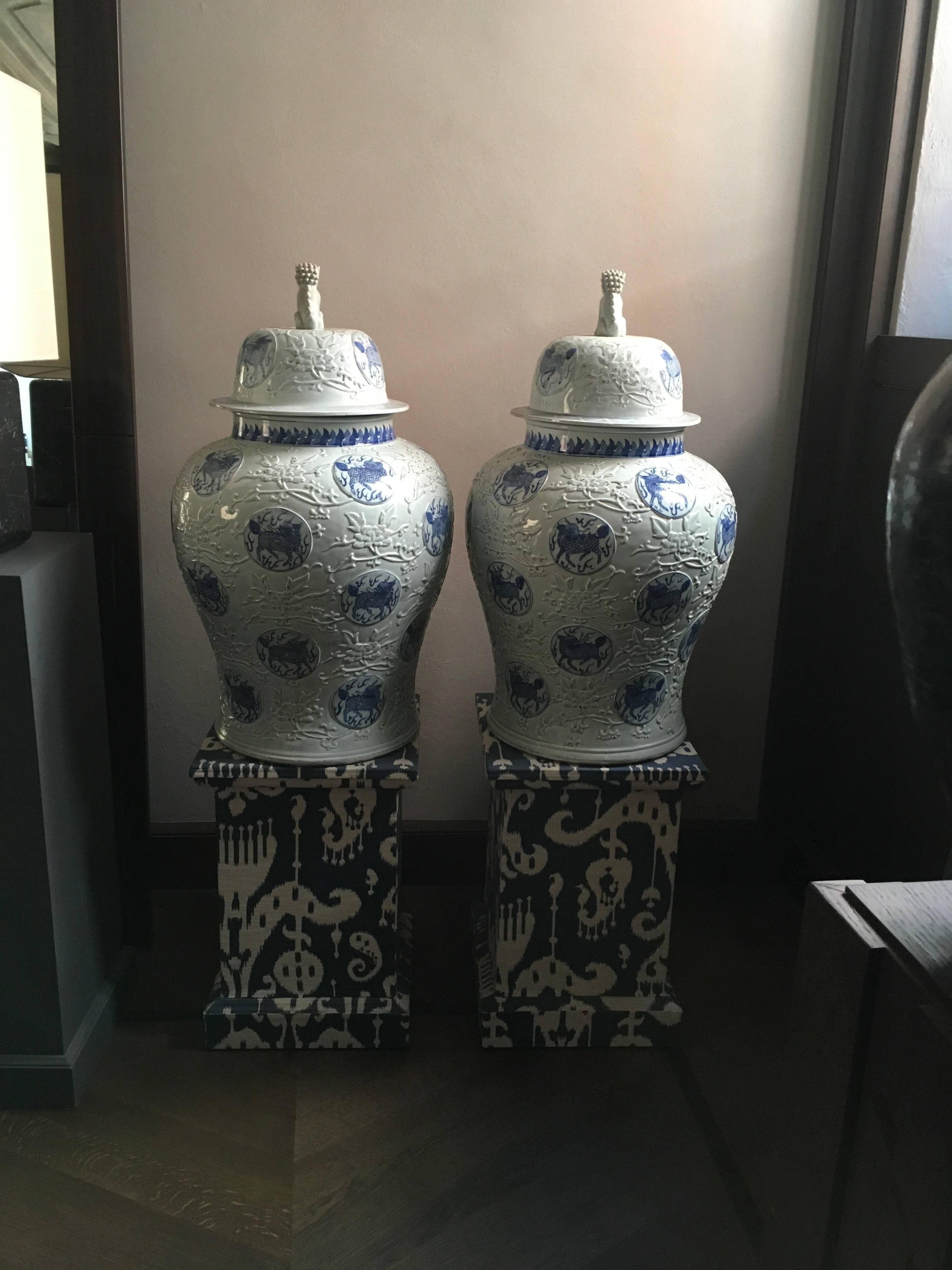 Chinese Export 1960 China Export Pair Porcelain Blue and White Giant Jars Vases For Sale