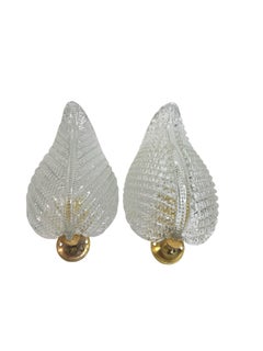 Midcentury Pair of Clear "Rugiodoso" Leaf Sconces attributed Barovier & Toso
