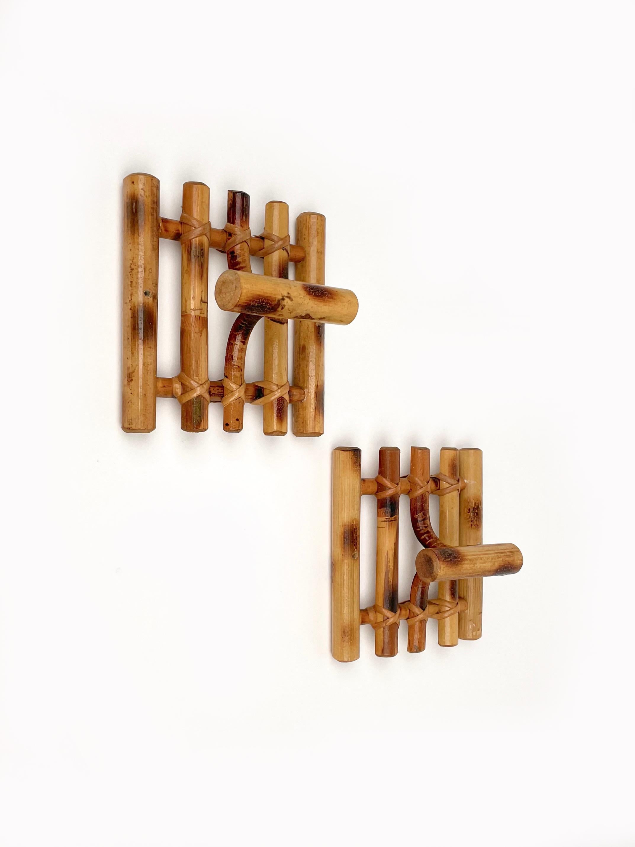 Mid-Century Modern Midcentury Pair of Coat Rack Stand in Bamboo & Rattan, Italy 1970s For Sale
