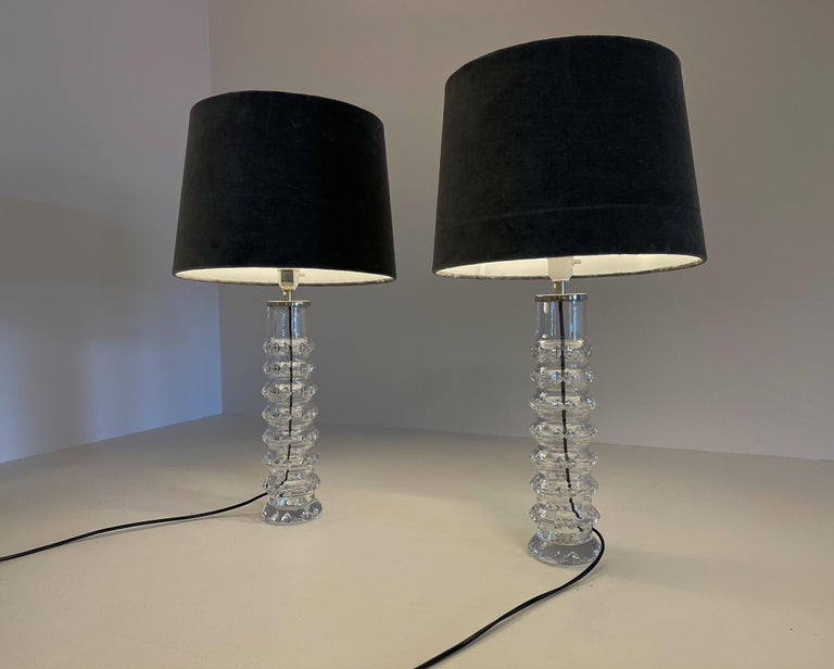 Midcentury Pair of Crystal Lamps by Carl Fagerlund for Orrefors Sweden, 1970s For Sale 5