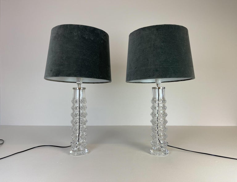 Swedish Midcentury Pair of Crystal Lamps by Carl Fagerlund for Orrefors Sweden, 1970s For Sale