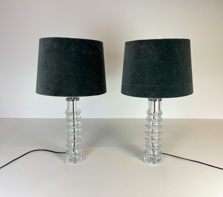 Hand-Crafted Midcentury Pair of Crystal Lamps by Carl Fagerlund for Orrefors Sweden, 1970s For Sale