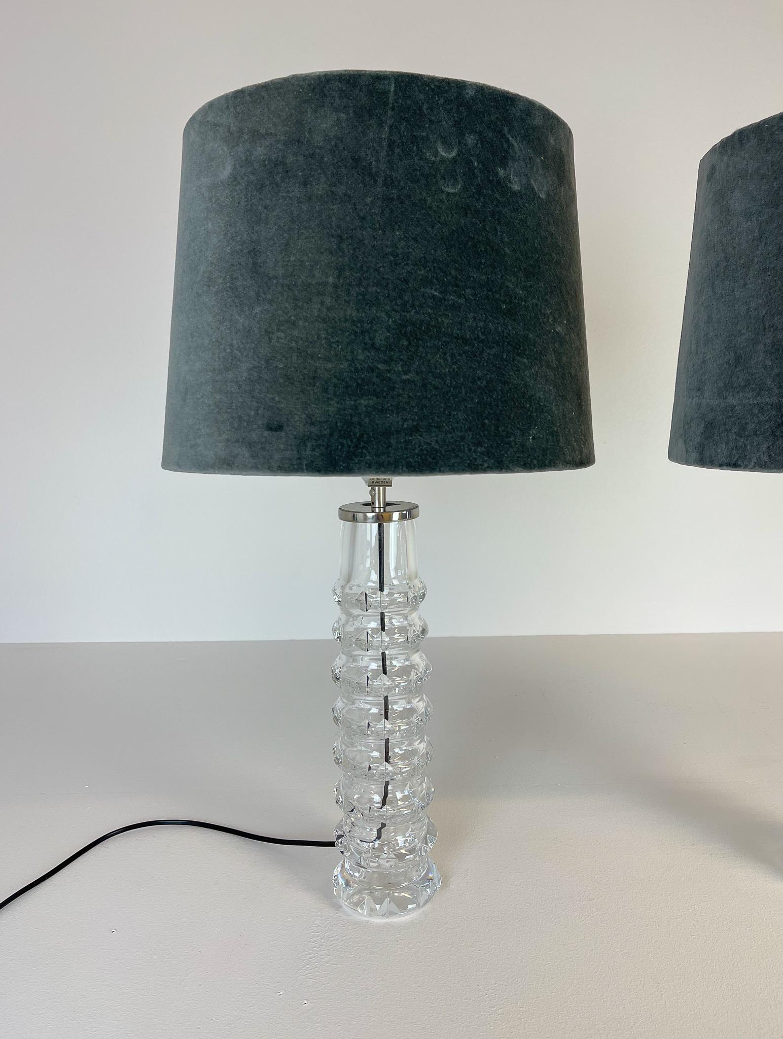 Midcentury Pair of Crystal Lamps by Carl Fagerlund for Orrefors Sweden, 1970s In Good Condition For Sale In Hillringsberg, SE