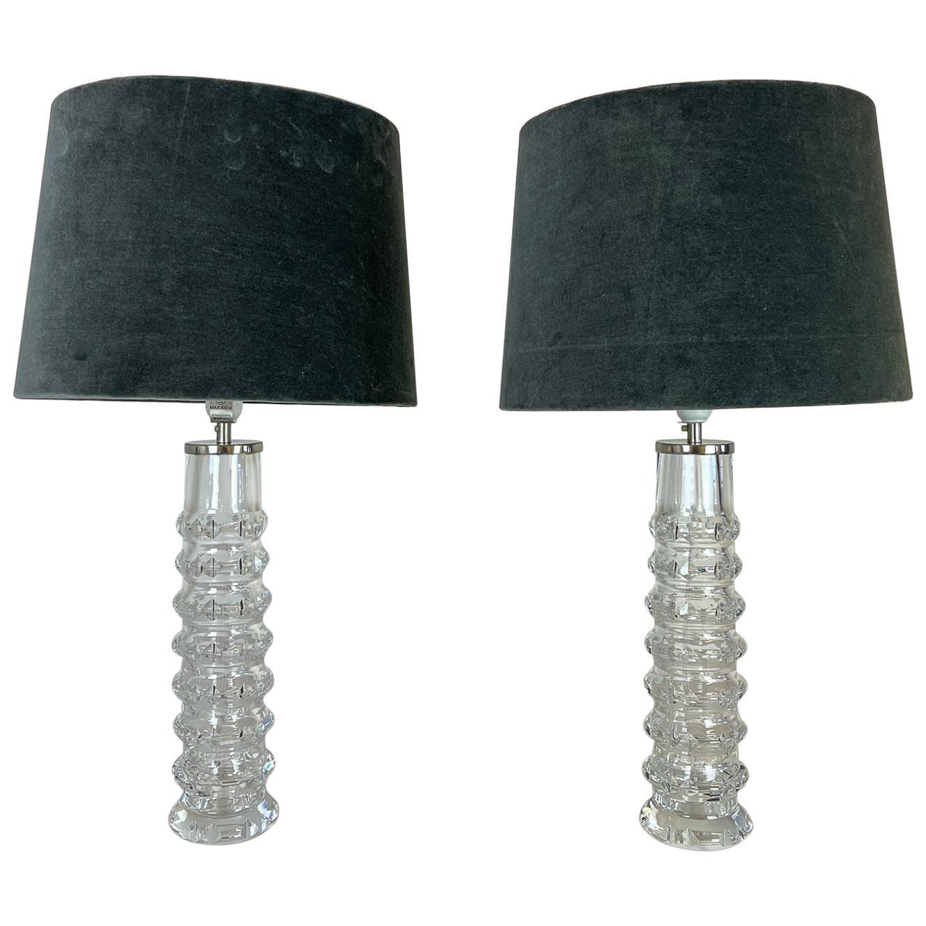 Midcentury Pair of Crystal Lamps by Carl Fagerlund for Orrefors Sweden, 1970s For Sale