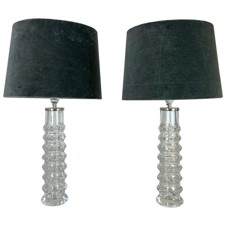Midcentury Pair of Crystal Lamps by Carl Fagerlund for Orrefors Sweden, 1970s For Sale