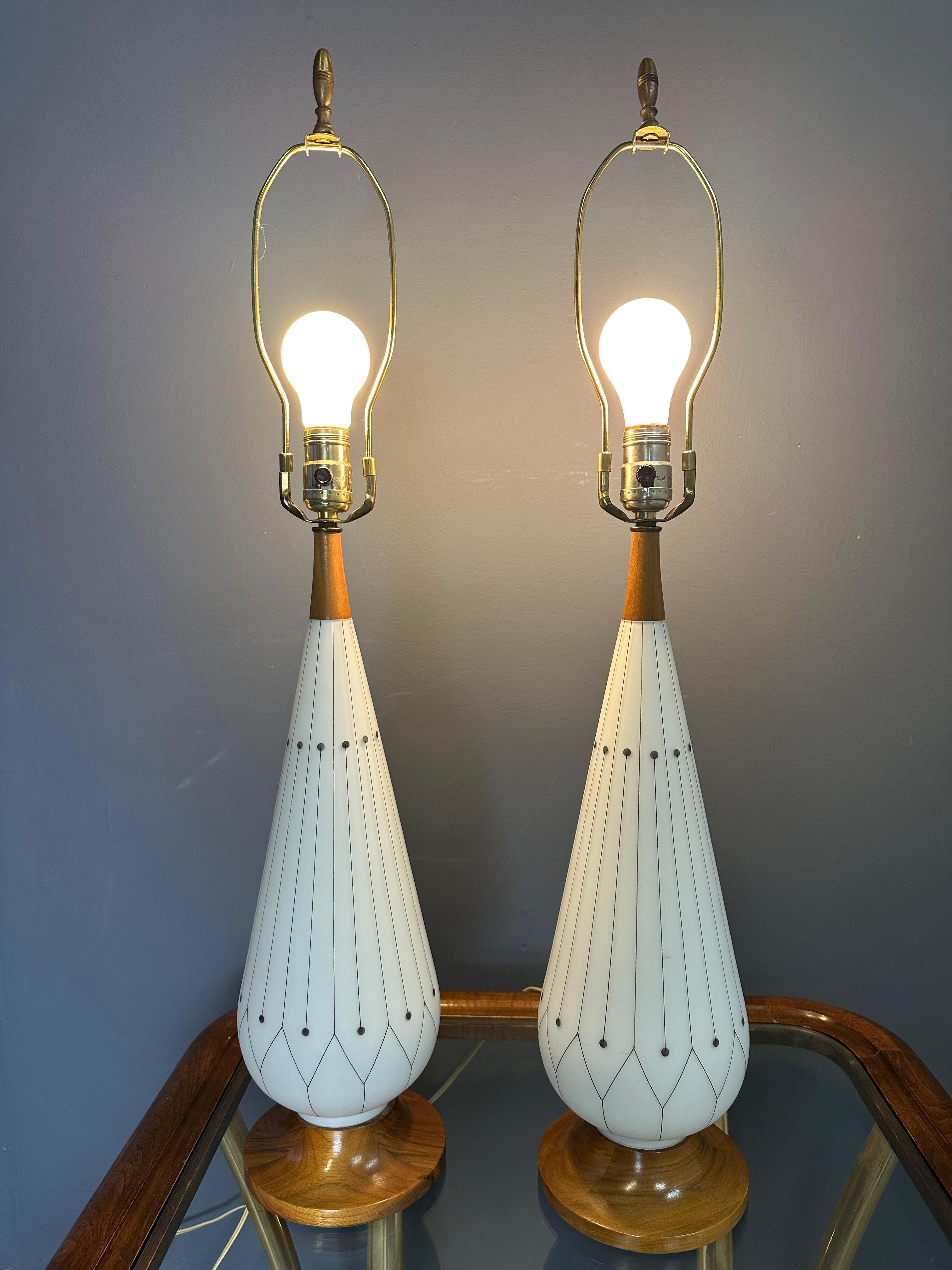 Mid-Century Modern Midcentury Pair of Danish Glass & Walnut Table Lamps with a Geometric Design For Sale
