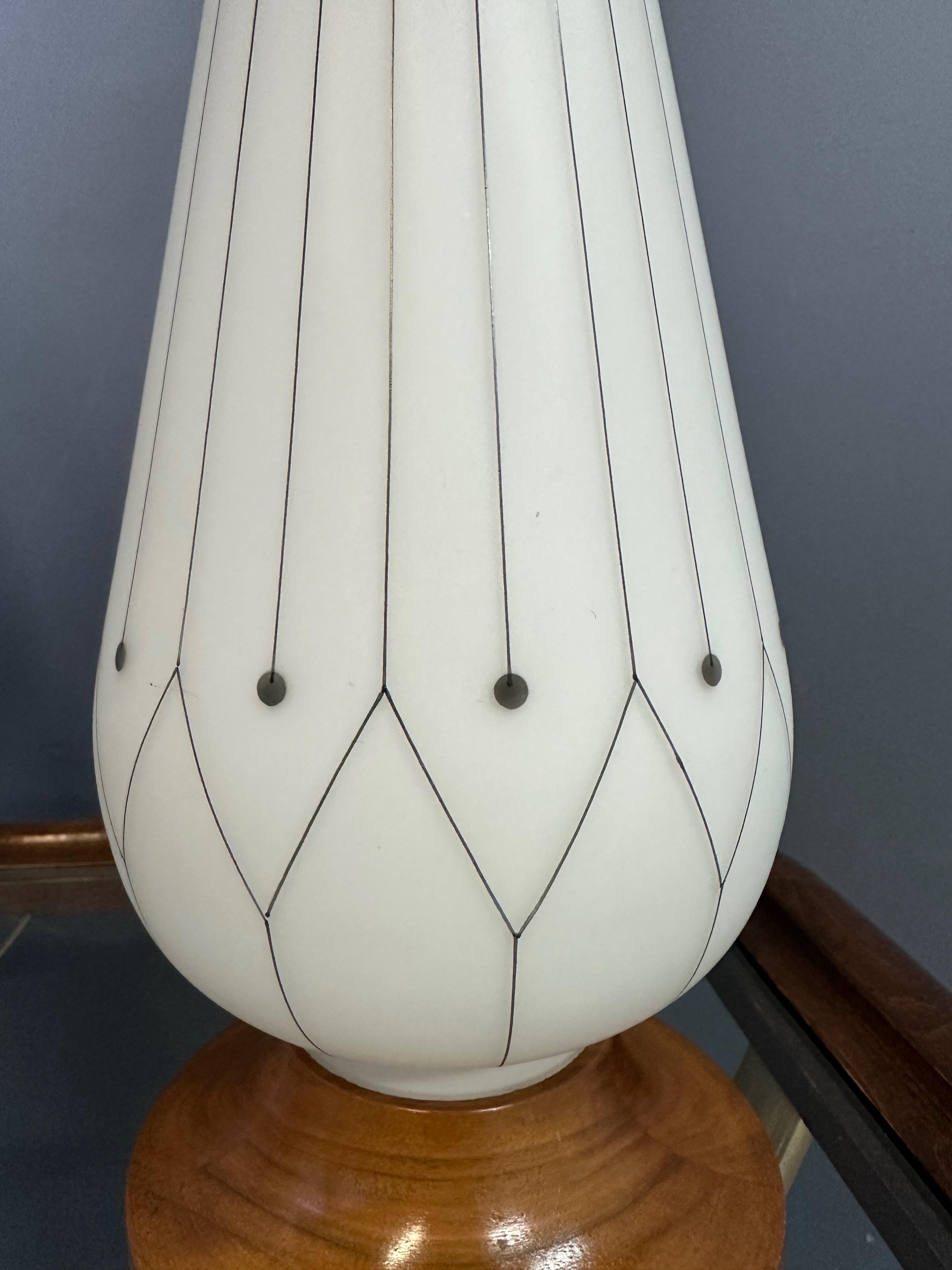 20th Century Midcentury Pair of Danish Glass & Walnut Table Lamps with a Geometric Design For Sale