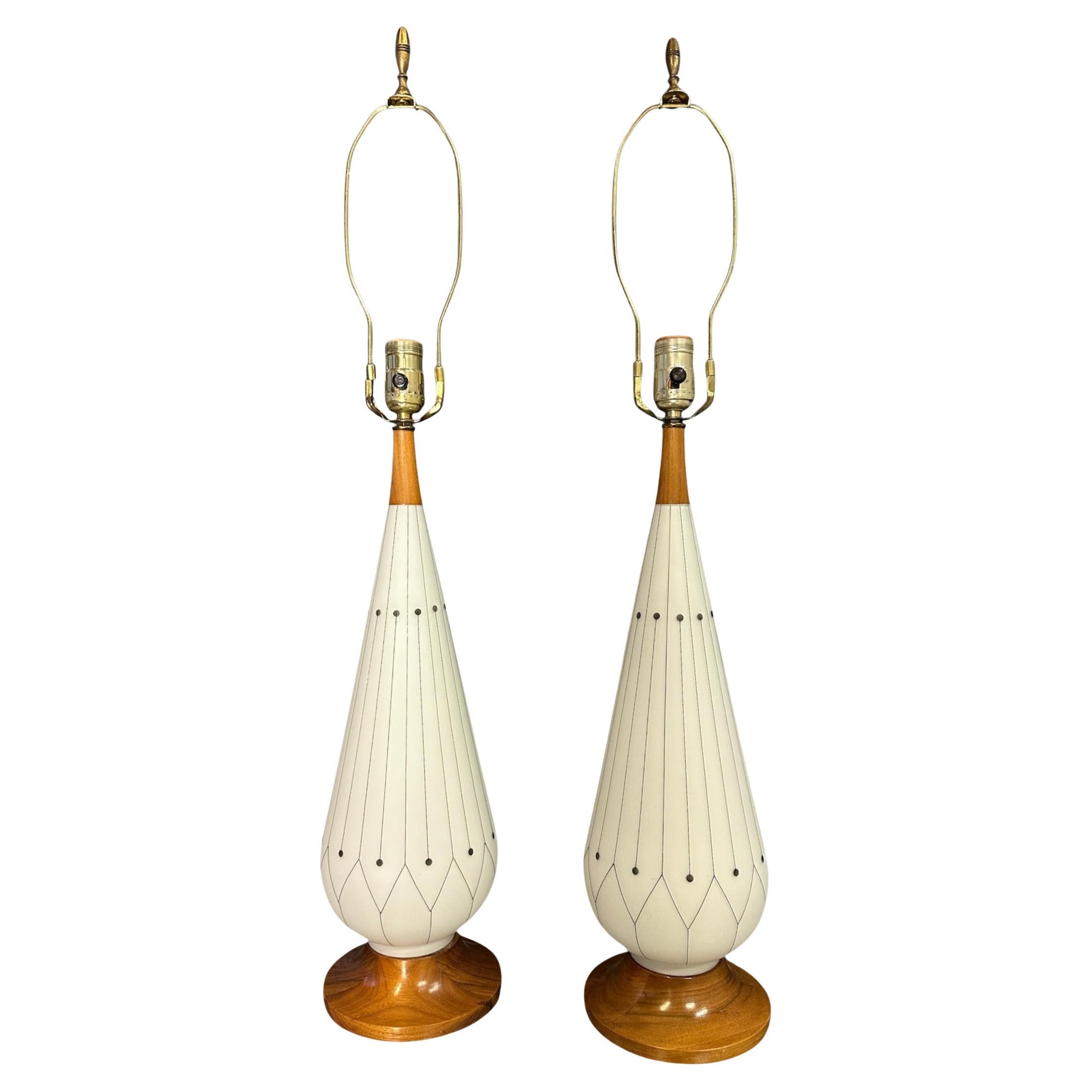 Midcentury Pair of Danish Glass & Walnut Table Lamps with a Geometric Design