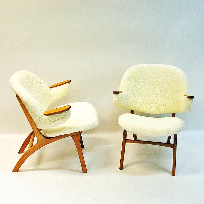Midcentury Pair of Easy Chairs in White Sheepskin, Sollide Møbler Norway, 1950s 5